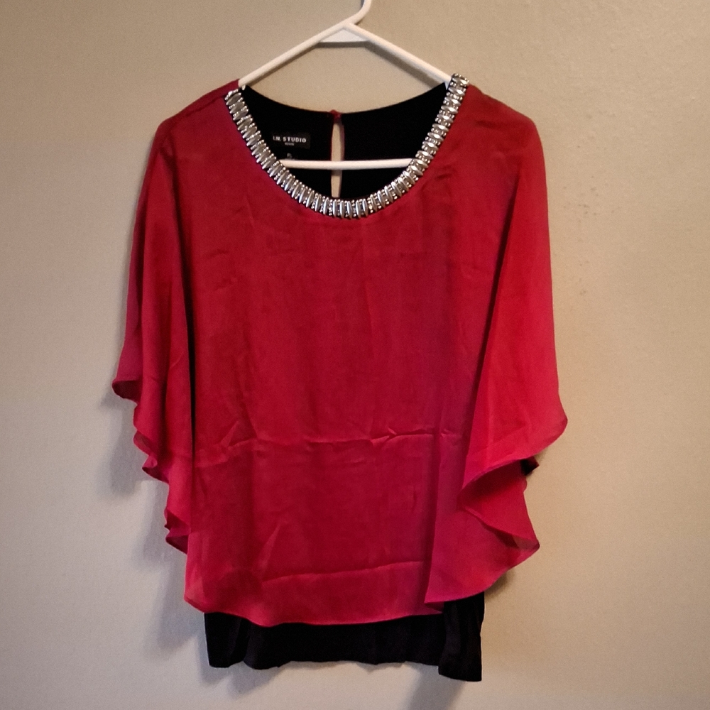 I.N. Studio Red Blouse with Silver Neckline